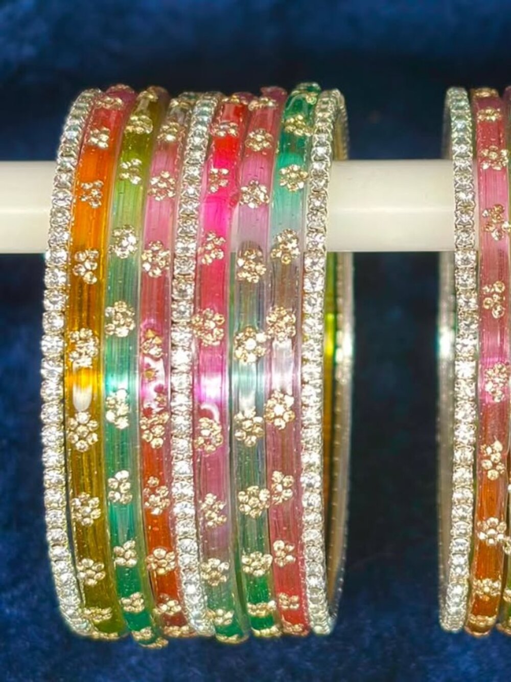 Sparkling Floral Rhinestone Bangle Pair, Multi-Color Stackable Party Wear Bracel